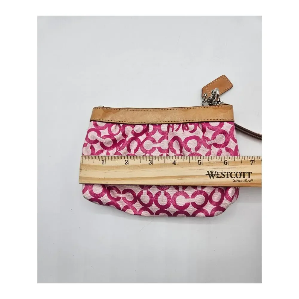 Coach Leah Opt Art Pink Coated Canvas Tan Leather Cosmetic Toiletry Make-up Bag‎